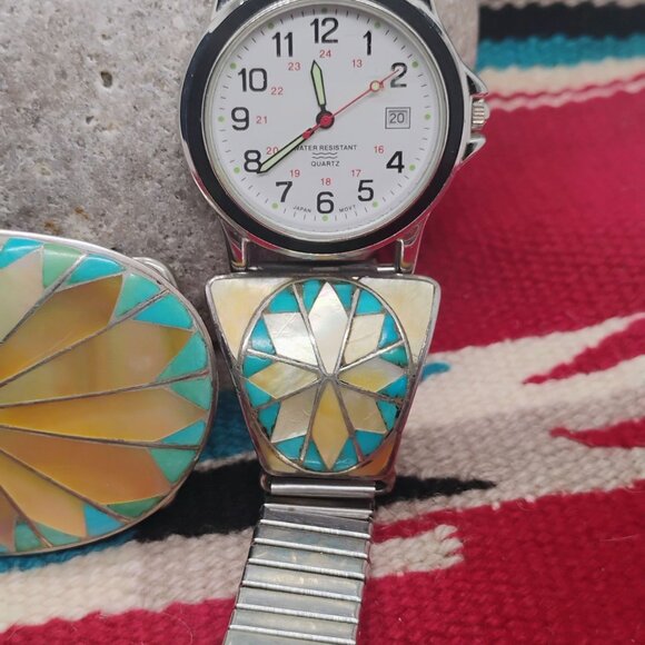 Vtg Zuni Inlay Set Belt Buckle Watch Tips Turquoise Mother of Pearl Sunburst - Picture 8 of 16